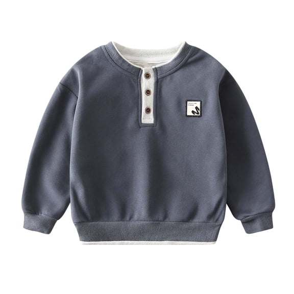 SERTG Boys Fleece-Lined Round Neck Pullover Sweatshirt Long Sleeve with Button Hoodless Casual Sports Fall Winter Warm Comfortable Top Active Wear for Kids(Dark Gray,4-5 Years)
