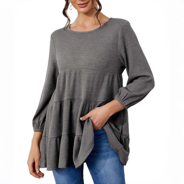 MeetoTime Long Sleeve Peplum Tops for Women Fall Babydoll Shirts Solid Color Crew Neck Tunics Pullover