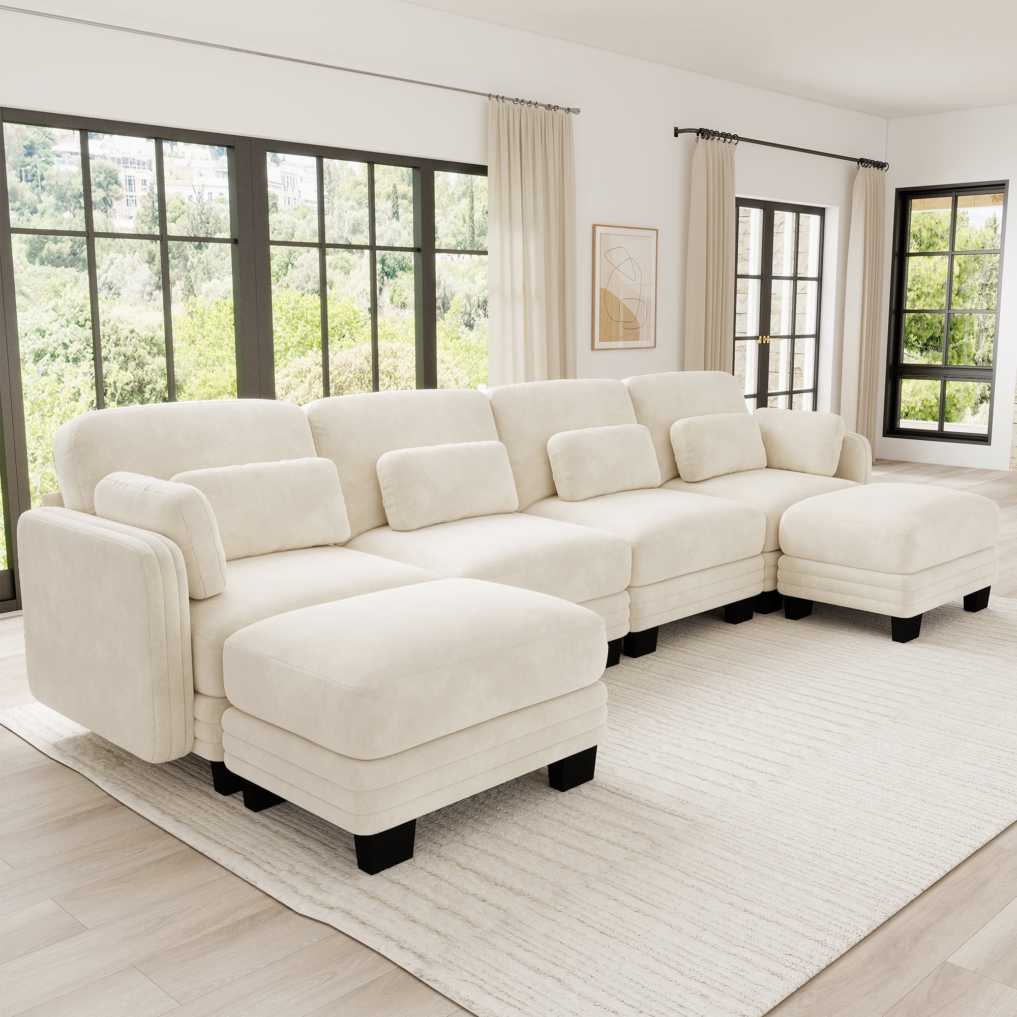130" U-shaped Tufted Modern Modular Sectional 4 Seater Sofa Couch with 2 Ottomans and 6 Pillows