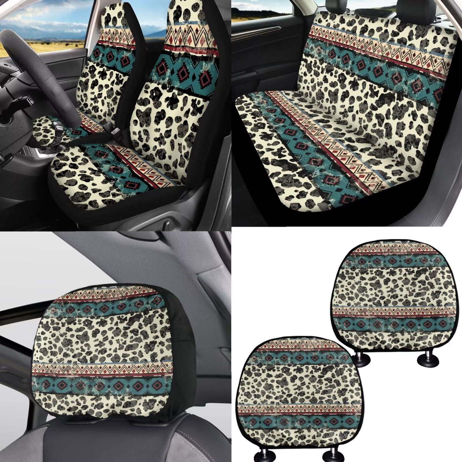 FKELYI American Tribal Cow Print 16 Pcs Auto Interior Set Car Seat Covers with Steering Cover Seat Belt Pads Armrest Pad Coasters Headrest Protector Handbrake Covers Gear Shift Knob Sleeve