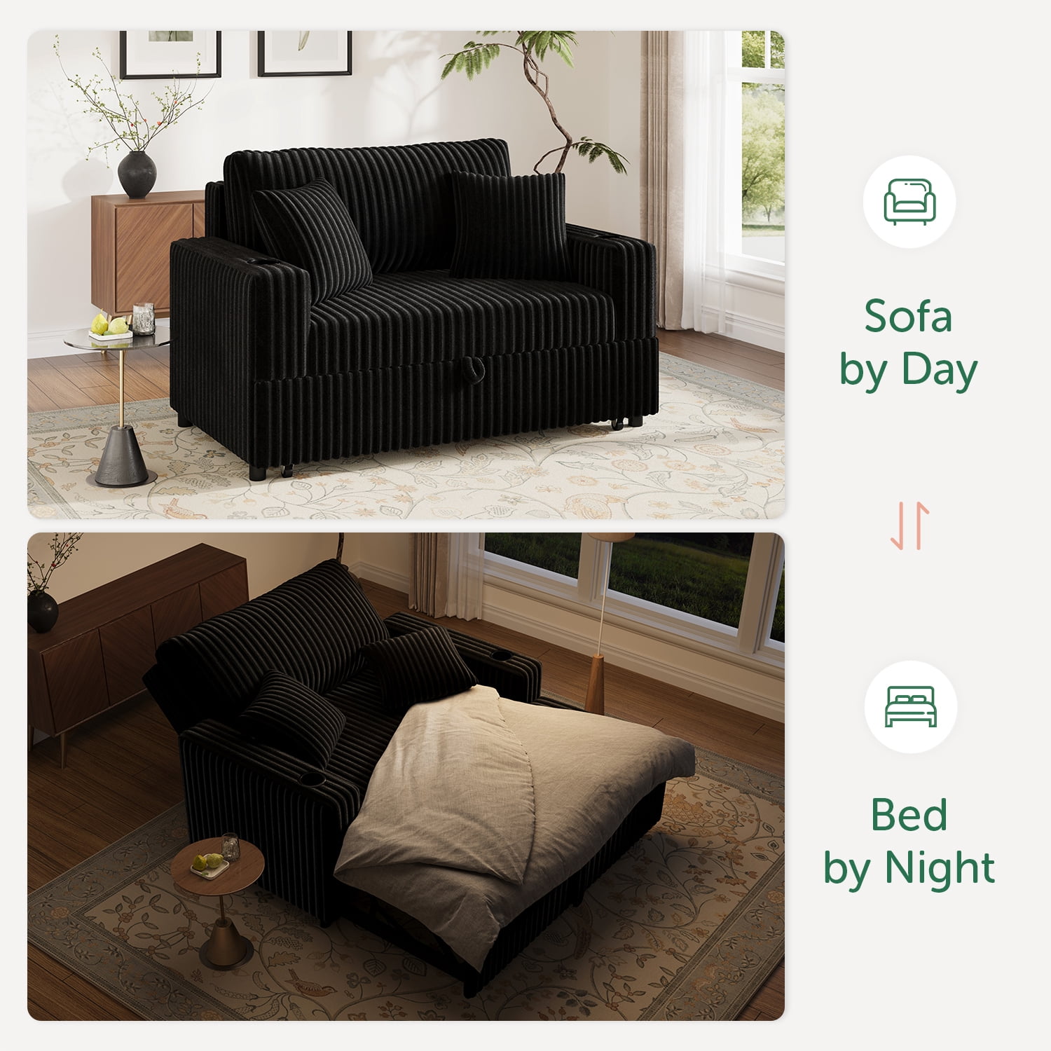 Marrber Black 52” 3-in-1 Convertible Pull-Out Sofa Bed Sleeper Loveseat with Reclining Backrest, Built-in Cup Holders, Pet-Friendly Corduroy Sofa for Small Space
