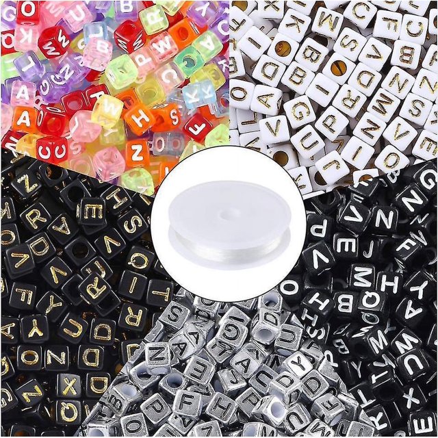 1400 Uds. Cuentas de cubo con alfabeto acrílico de 5 colores, cuentas con letras con 1 rollo de 50m, cordón de cristal para fabricación de joyas de 6mm
