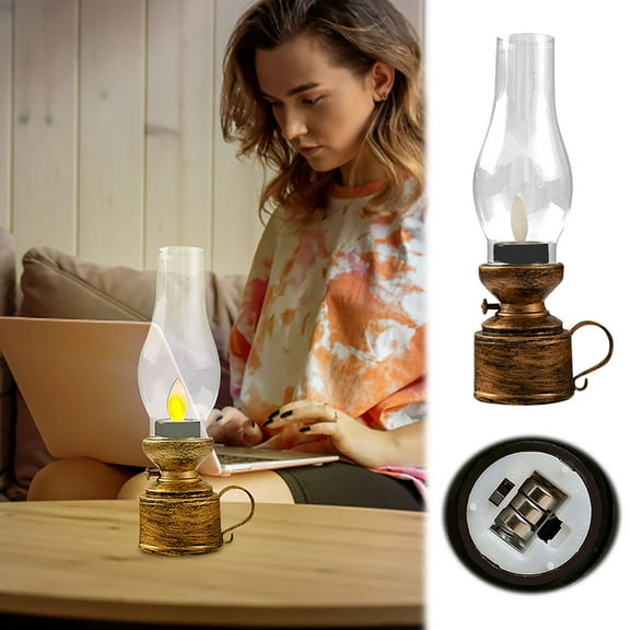 Vintage Flameless Table Lamp - LED Kerosene Lantern with Clear Hurricane Glass, Battery Operated Retro Oil Lamp for Bedroom Nightstand, Living Room & Farmhouse Decor