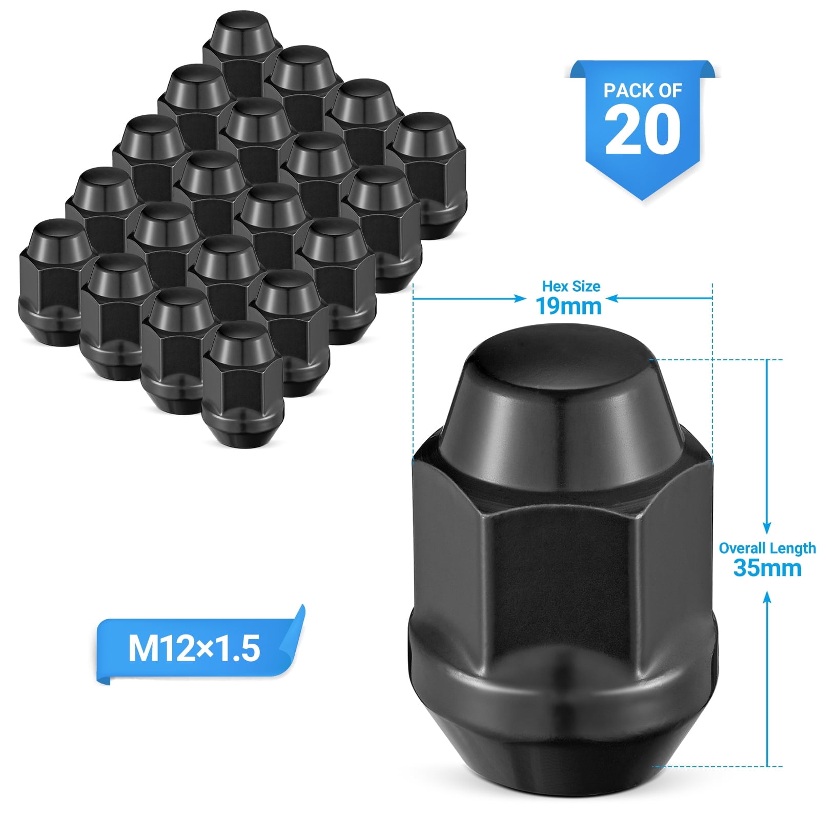 12mmx1.5 Wheel Lug Nuts,20pcs Black M12x1.5 Lug Nuts Closed End Cone Seat Bulge Acorn Lug Nuts 3/4 inch 19mm Hex 1.4 inch 35mm Tall Compatible with Ford Chevy Mazda Buick Chrysler Dodge