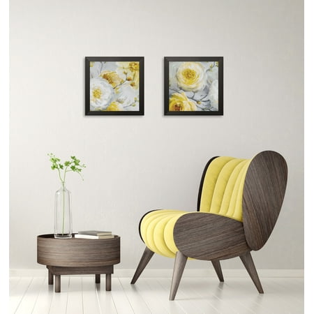 Beautiful Gray and Yellow Flower and Bud Print Set by Lisa Audit; Floral Décor; Two 12x12in Black Framed Prints, Ready to