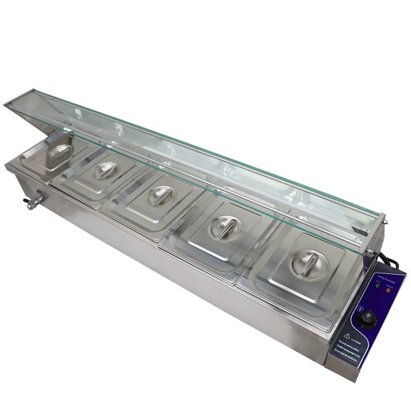 5-Pan Food Soup Warmer Commercial Canteen Buffet Steam Heater Bain-Marie Food Steamer Stainless Steel Food Container 110V Single-Row with Glass Shield