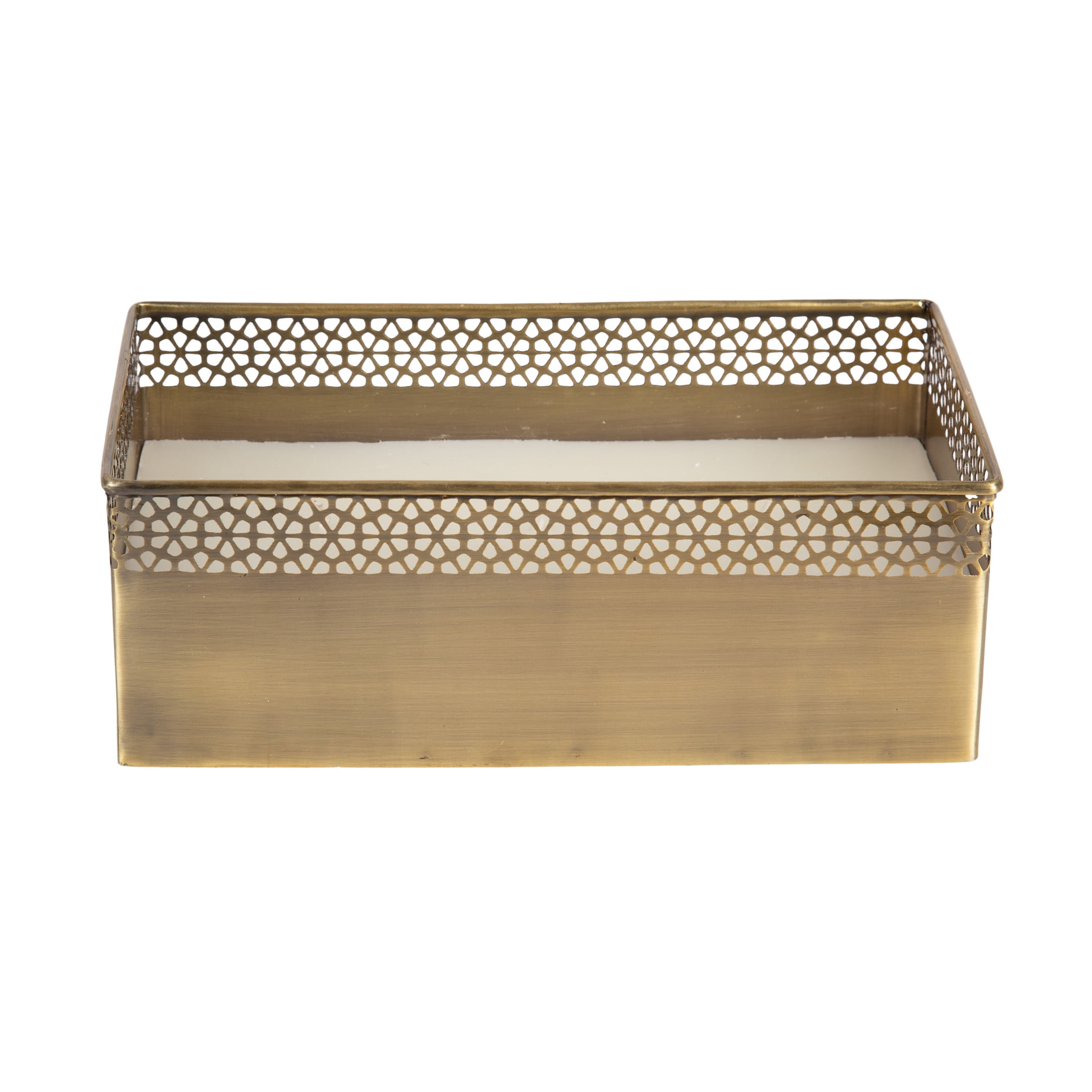 Kate and Laurel Pearce Rectangle Unscented Candle, 11 x 6 x 4, Antique Brass, Large Three-Wick Candle with Decorative Metal Vessel for Living Room Decor