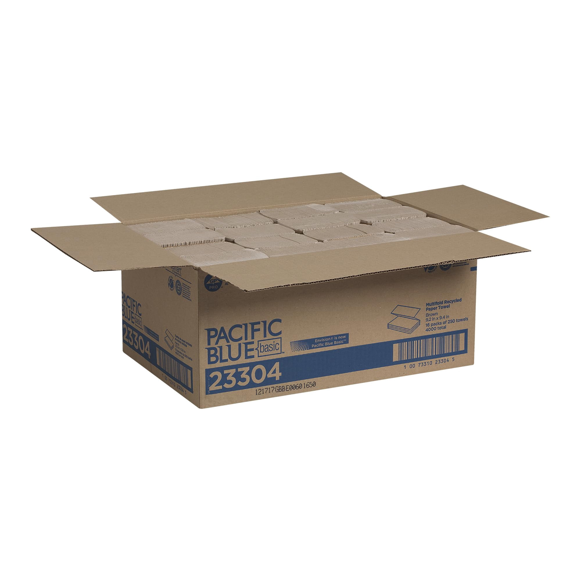 Pacific Blue Basic Recycled Multifold Paper Towels (23304), Brown, 250 Towels/Pack, 16 Packs/Case