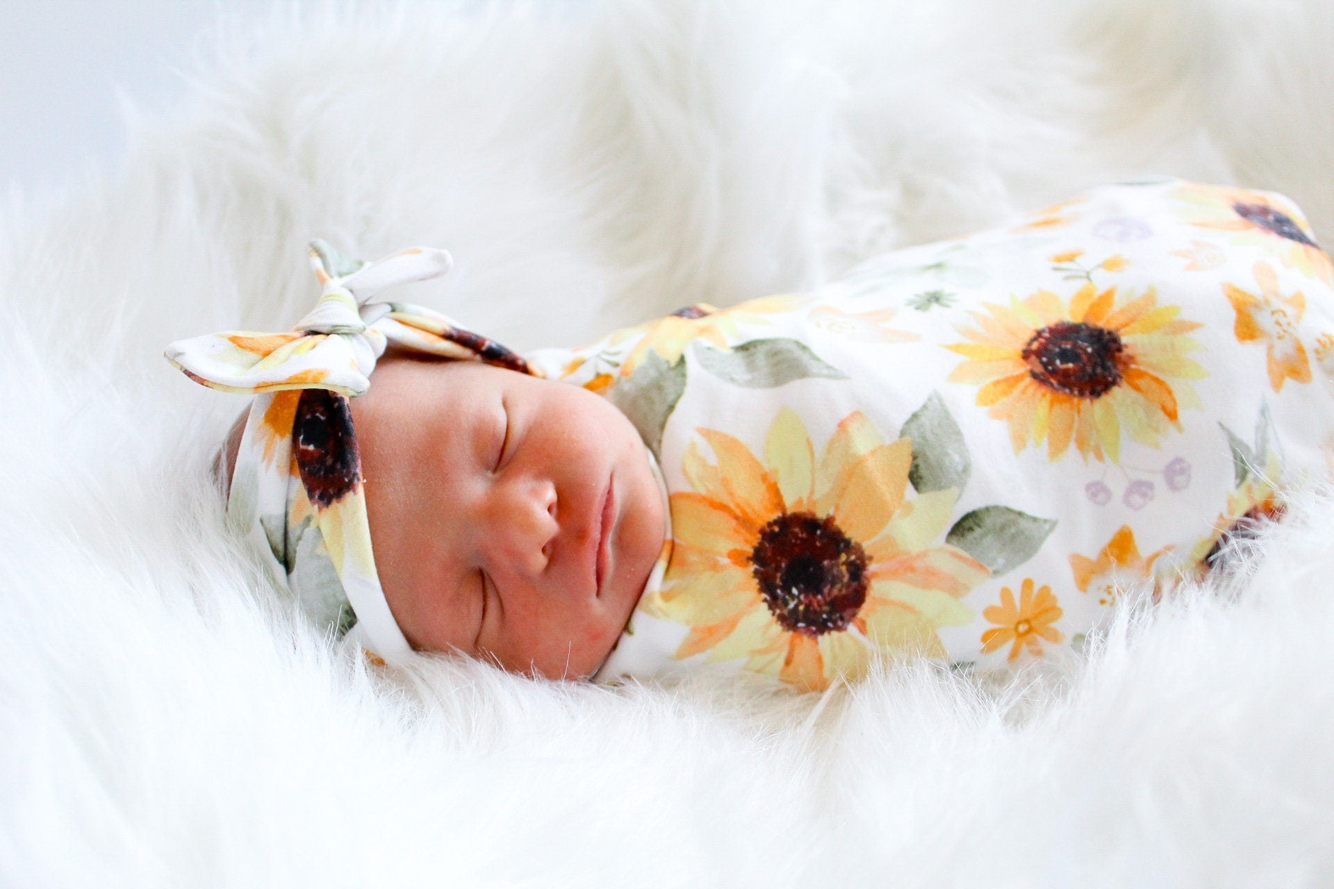 Sunflower Baby Swaddle Blanket, Baby Girl Swaddle and Bow Set