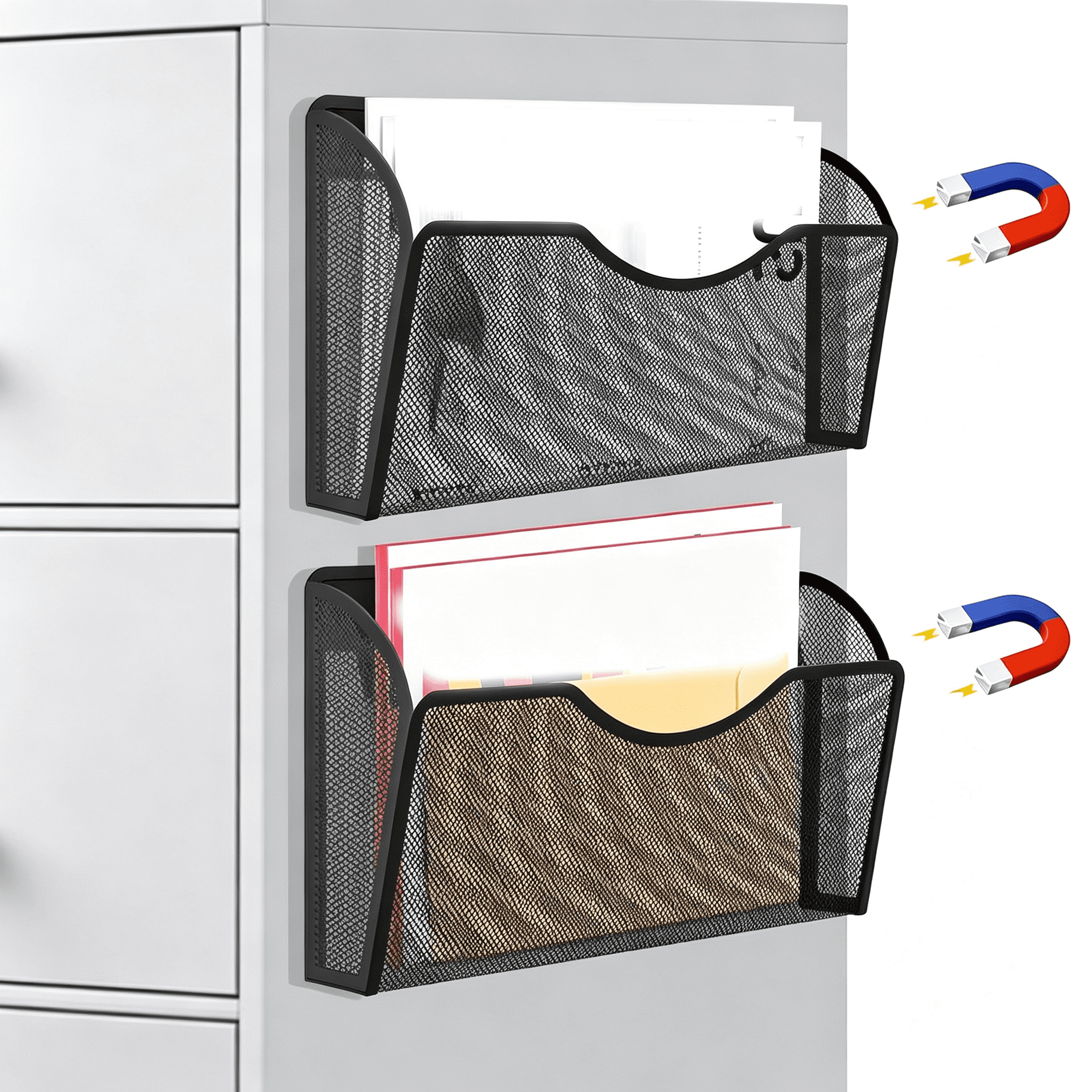 Dvjoy Magnetic File Holder 2 Pockets File Folder Organizer Office Hanging Magazine Rack for Refrigerator White Board No Drilling Paper Document Holder Mail Organizer for File Cabinets