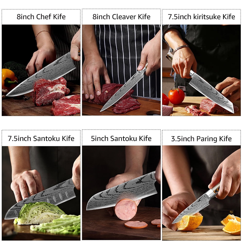7-Piece Chef Knivse Set Damascus Laser Blade, Japanese High Carbon Steel Kitchen Knife with Blade Guard, Cleaver, Santoku, Bread, Utility Knife,Paring Knife