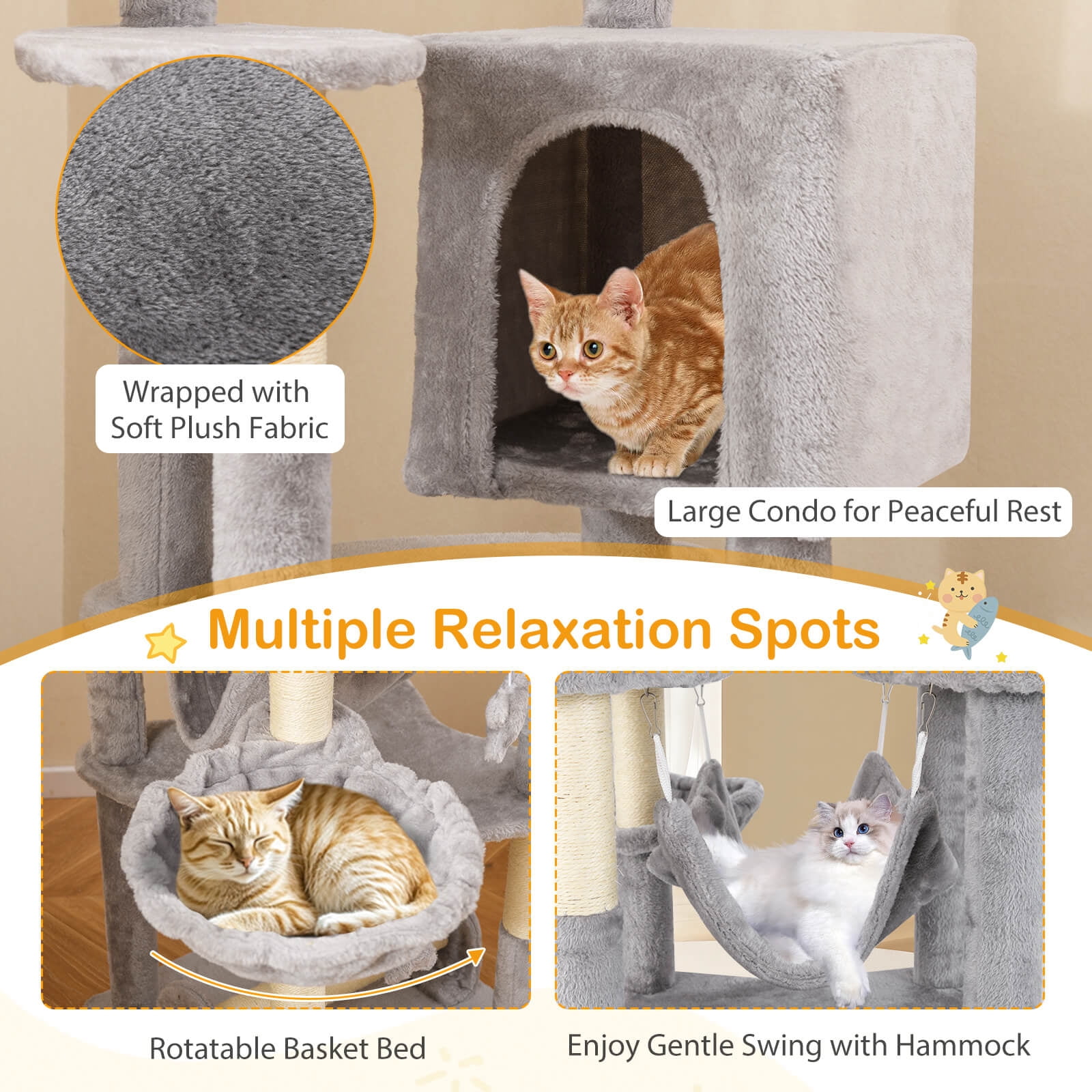 Infans 69" Tall Cat Tree w/ Top Perch Cozy Condo Basket Bed Hammock Basket Bed Indoor