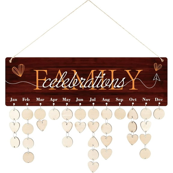 Wooden Calendar Birthday Reminder Family Wall Hanging Board Plaque with Wooden Ornaments Blank Slices