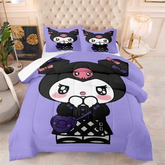 NEW Purple Kuromi Comforter Pillowcases Kids 3-Piece Bedding Sets for All Season, Twin Size