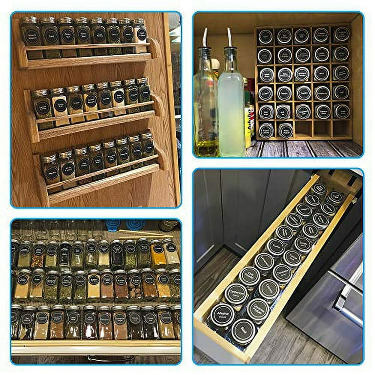  AOZITA 4 Pack Spice Rack with Jars, 25 Glass Spice Jars,  Hanging Spice Rack for Cabinet, Space Saving Rustic Wood Floating Shelves -  Spice Labels Chalk Marker and Silicone Collapsible Funnel