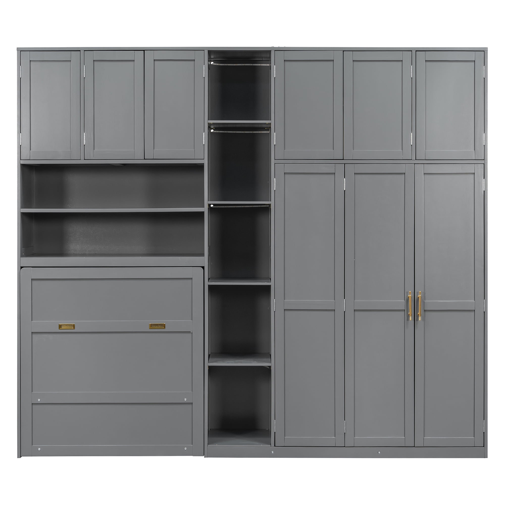 Mintazer Twin Murphy Bed with Wardrobe & LED Shelves, Modern Folding Cabinet Bed with Storage for Bedroom Apartment Guest Room, Gray