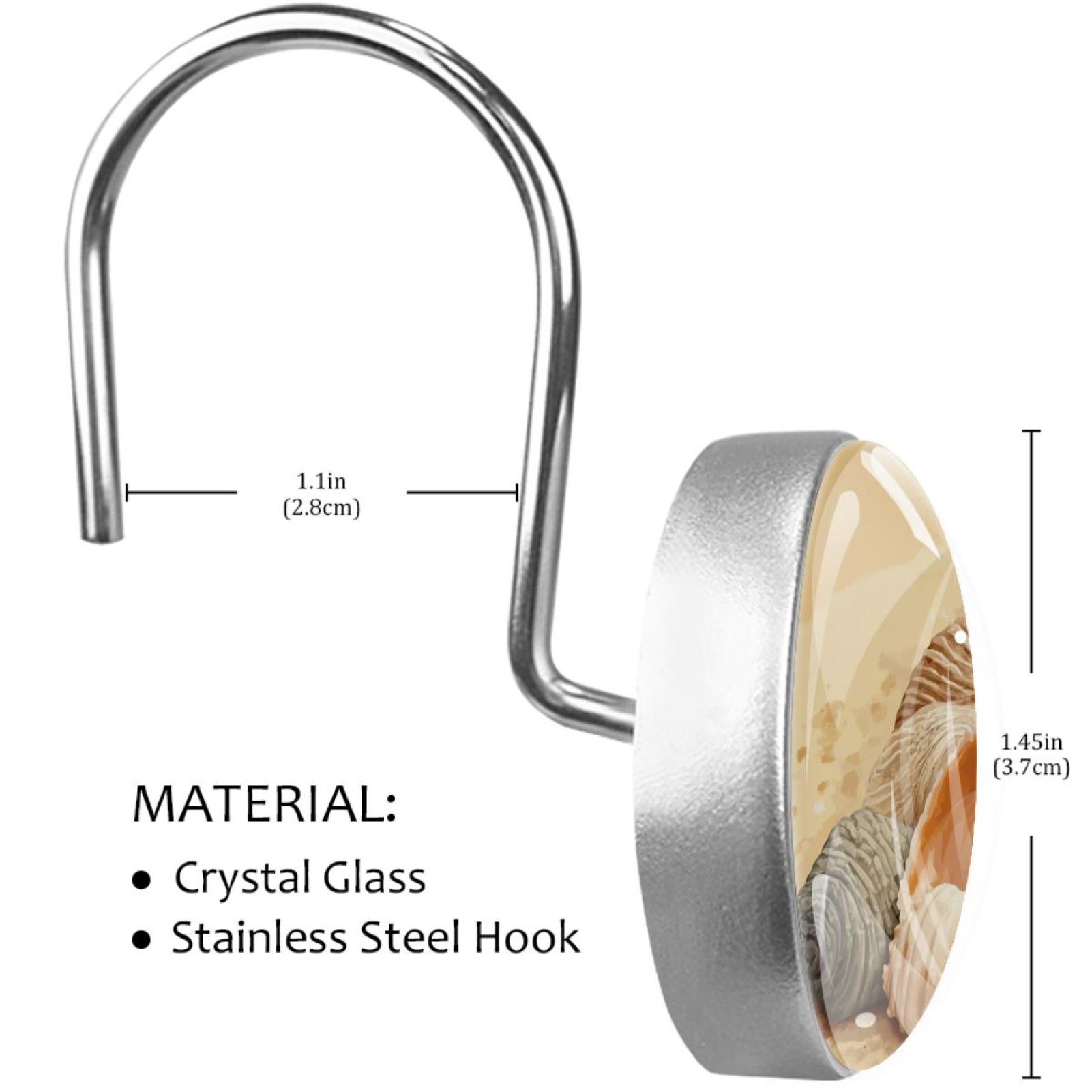 Watercolor Shells on Beach Shower Curtain Hooks Round Crystal Glass, Set of 12 Shower Curtain Rings - Shower Hooks for Curtain Shower Rings