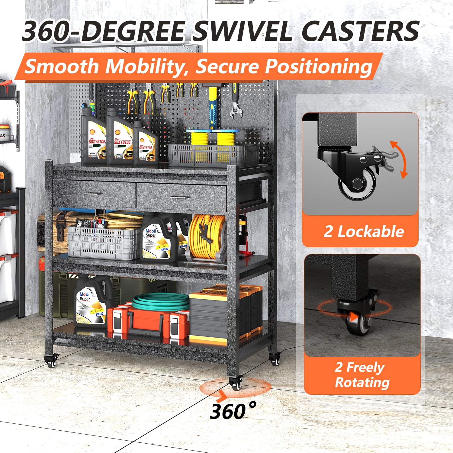 Workbench with Pegboard & Drawer, Adjustable Shelving Work Table, Mobile Workstation with Lockable Wheels for Garage Warehouse Workshop Office, 47.2" H x 33.5" W x 18" D, Black