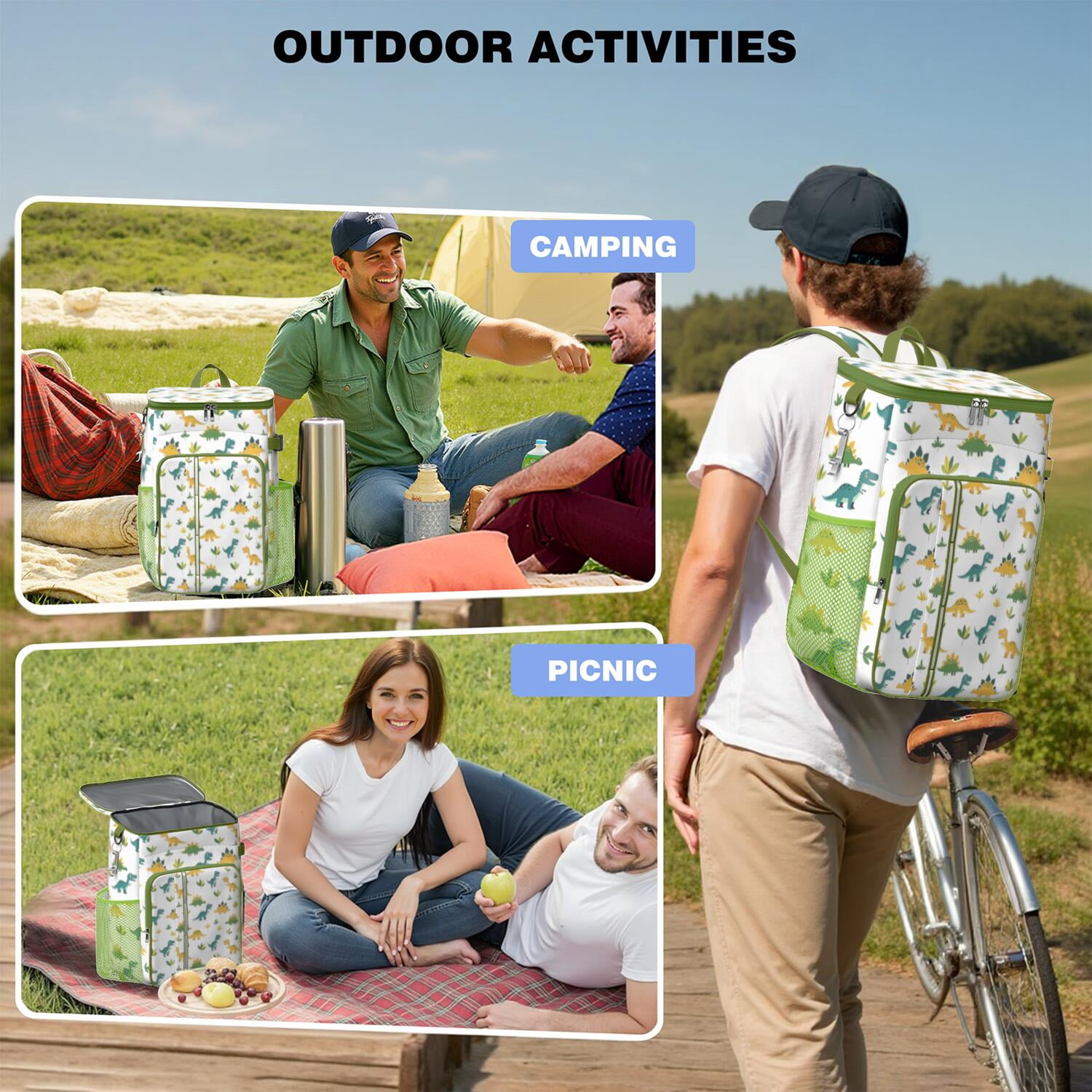 Travel Cooler Bag - White Dinosaurs Leaves Pattern Camping Beer Cooler Backpack with Bottle Opener- Waterproof Insulated Picnic Backpacks - Cooler Bag for Beach