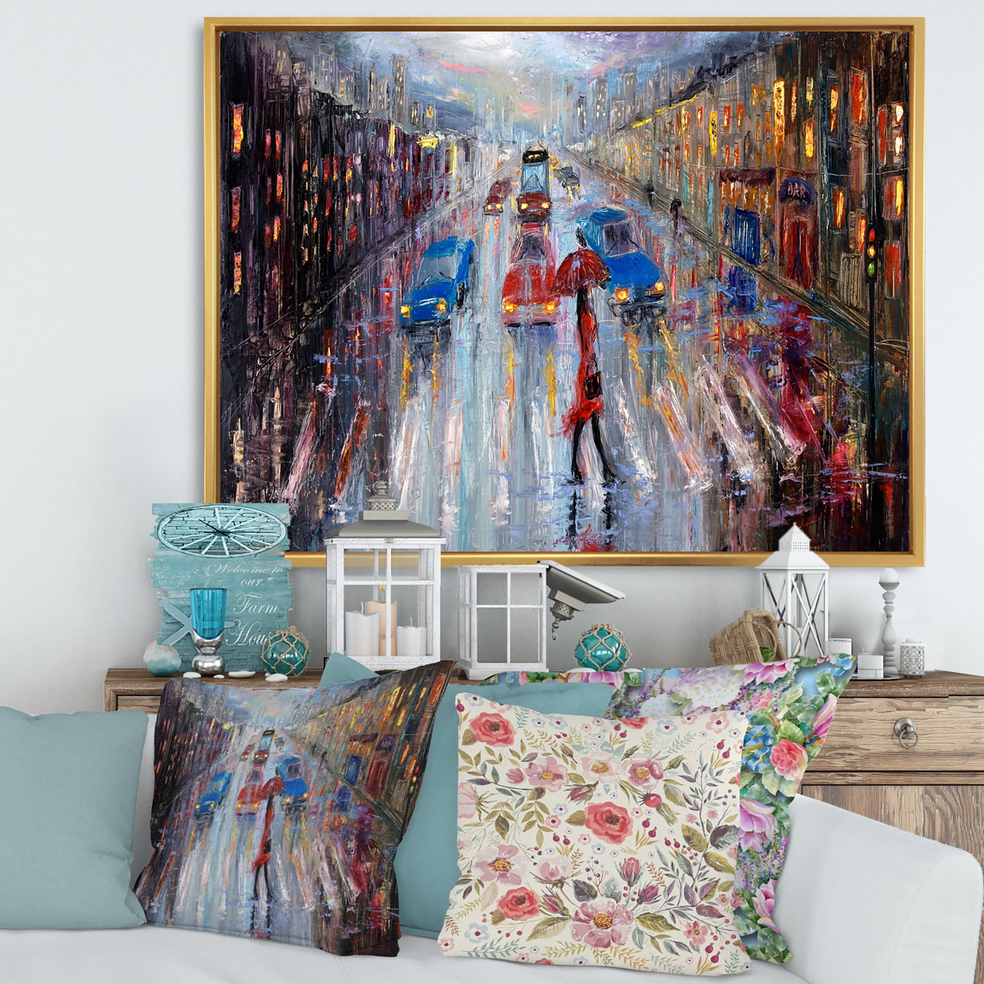 Designart 'Girl In Red Crossing The Street' Traditional Framed Canvas Wall Art Print