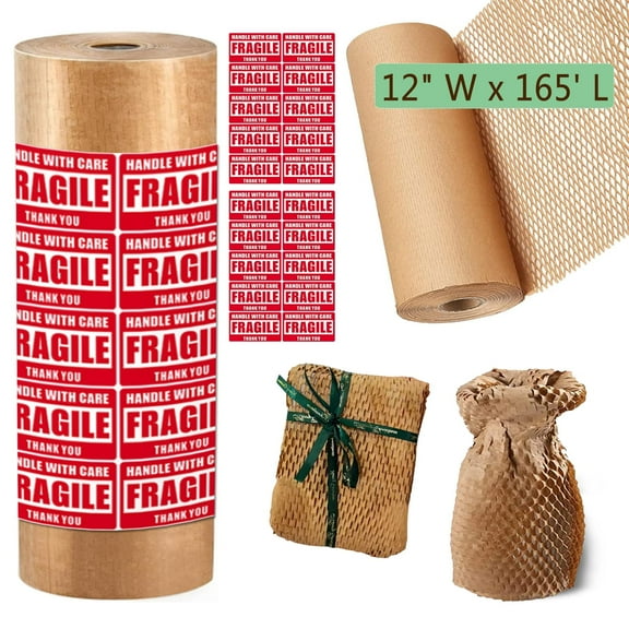 Honeycomb Packing Paper,12" W x 165' L Bubble Cushioning Wrap for Moving,Products & Gifts Wrapping Paper,Recyclable and Biodegradable Cushioning Packing Material with 20 Fragile Sticker Labels