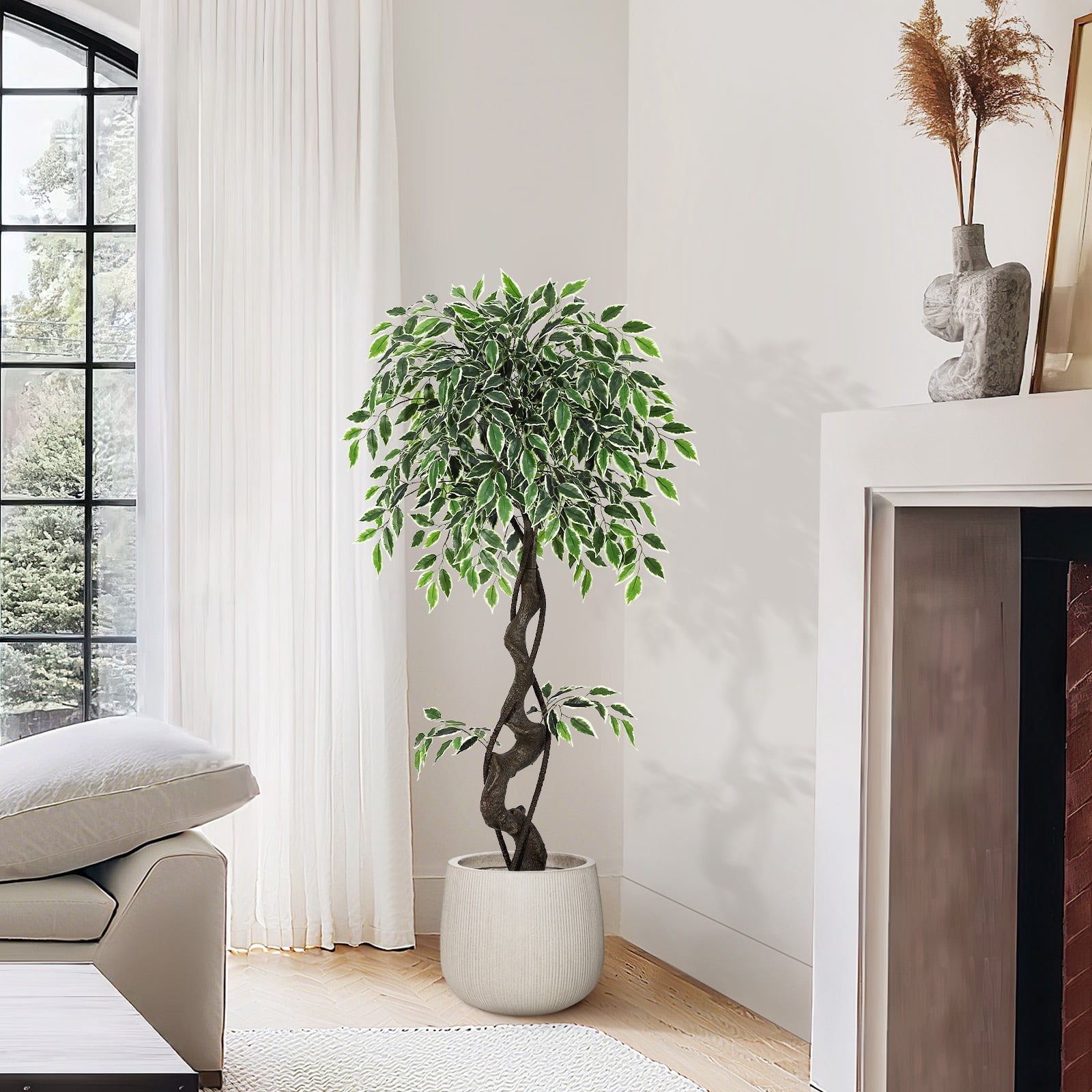 Artificial Ficus Tree 4ft Tall, Faux Floor Plant with White Imitation Ceramic Planter, Lifelike Silk Tree with Moss & Pebbles for Home Office Indoor Decor