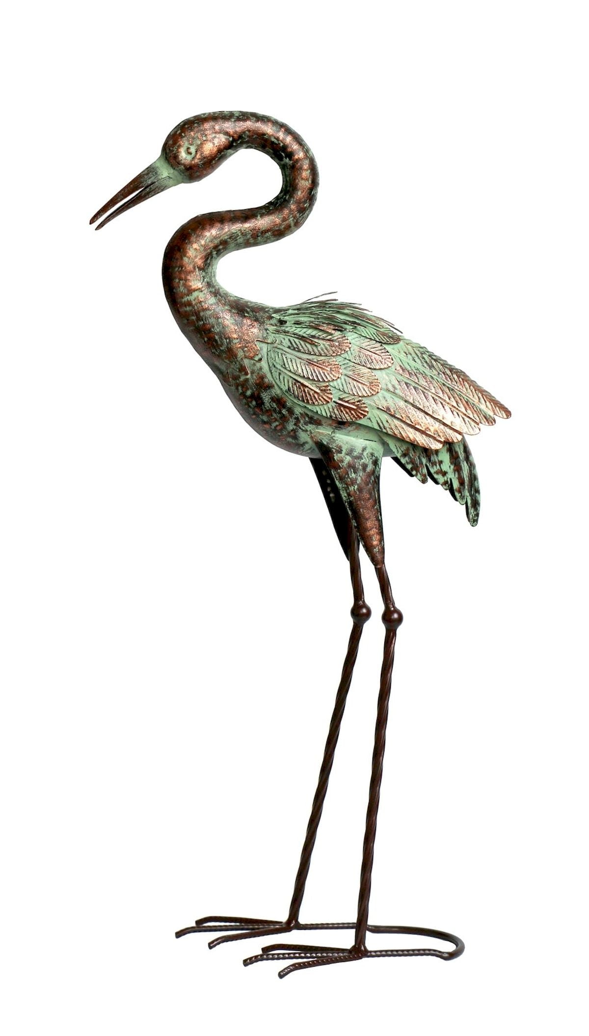 Verdigris And Bronze Standing Metal Heron Garden Statue
