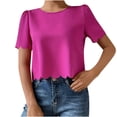 thumbnail image 1 of Timegard Womens Tops Crewneck Puff Short Sleeve Back Button Loose Cropped Casual Solid Color Tops Blouse, 1 of 7