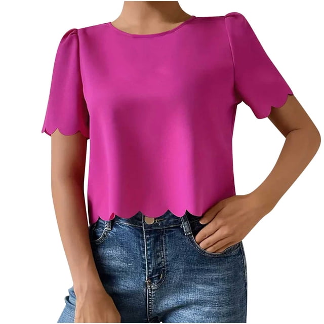 Timegard Womens Tops Crewneck Puff Short Sleeve Back Button Loose Cropped Casual Solid Color Tops Blouse