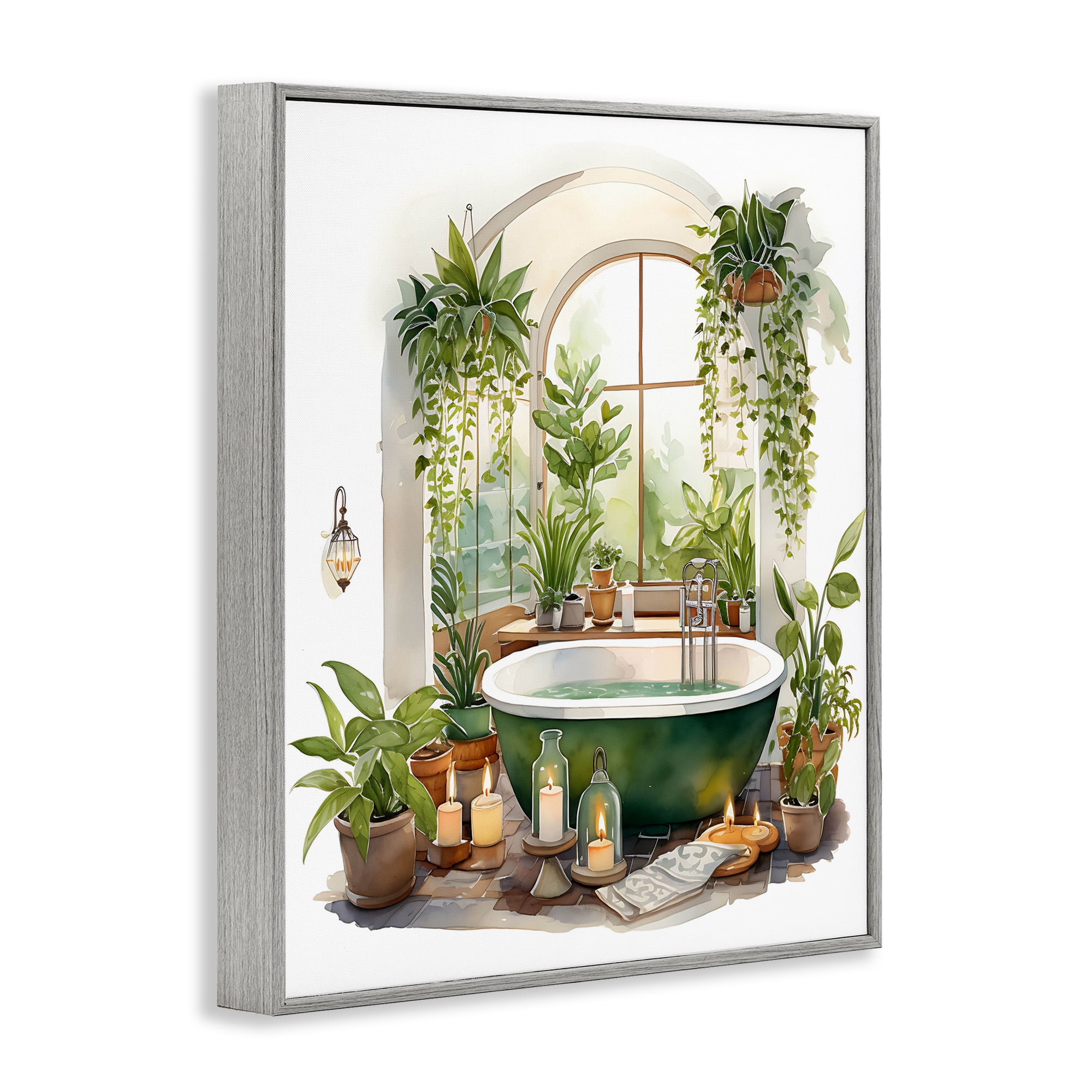 Tranquil Tub with Candles & Greenery Gray Framed Giclee Art, design by Lettered and Lined
