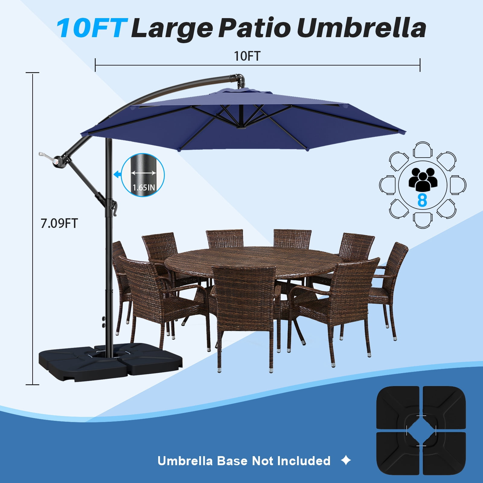 Easthome 10ft Offset Hanging Market Patio Umbrella for Backyard, Poolside, Lawn and Garden w/Easy Tilt Adjustment, Polyester Shade, 6 Ribs - Navy