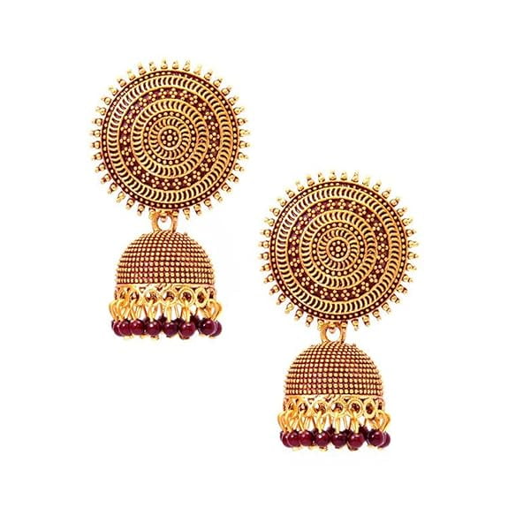 Traditional Gold Plated Maroon Beads Round Jhumka Earrings
