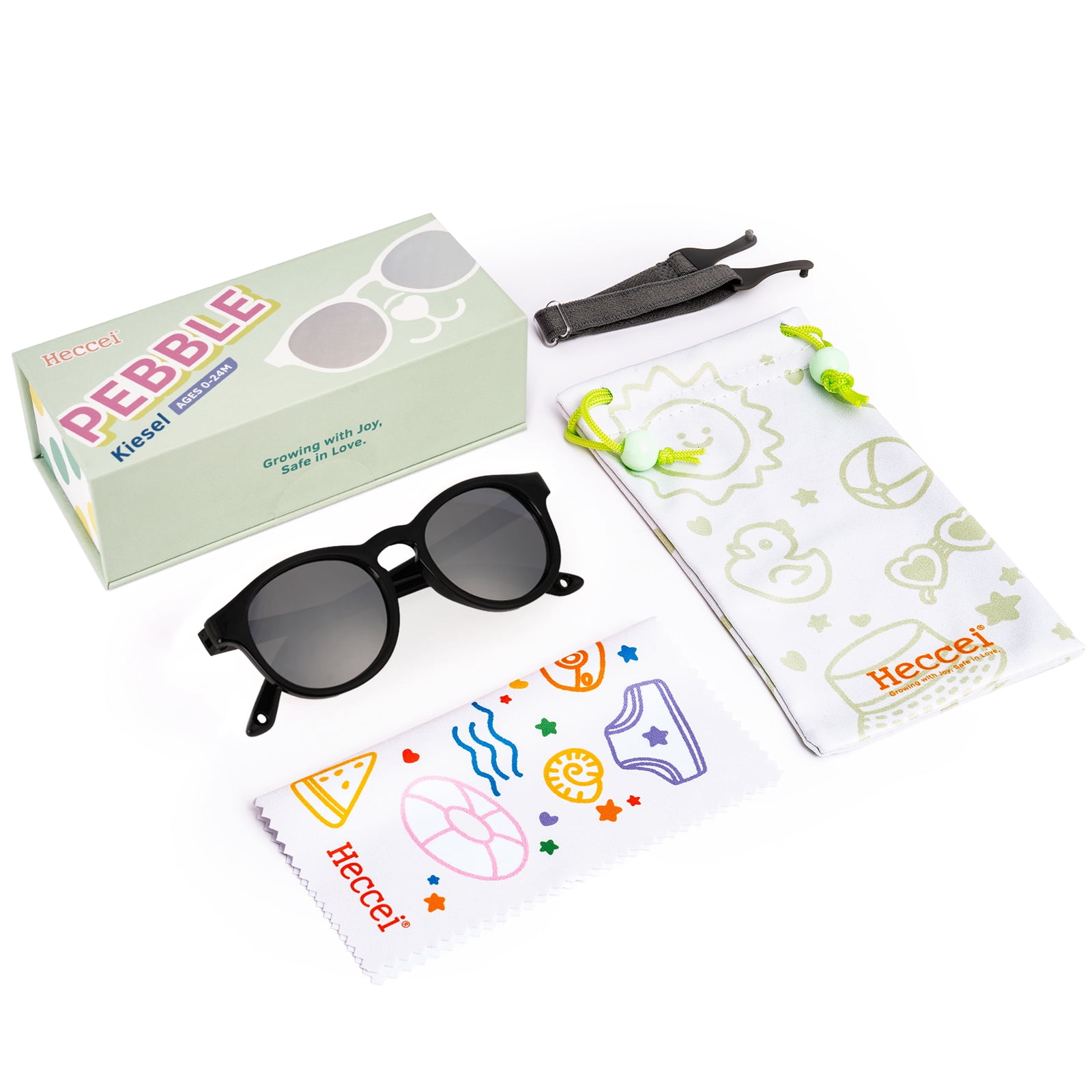 HECCEI Pebblie Baby Sunglasses with Strap - UV 400 Polarized Sunglasses, Ages 0-2 Black