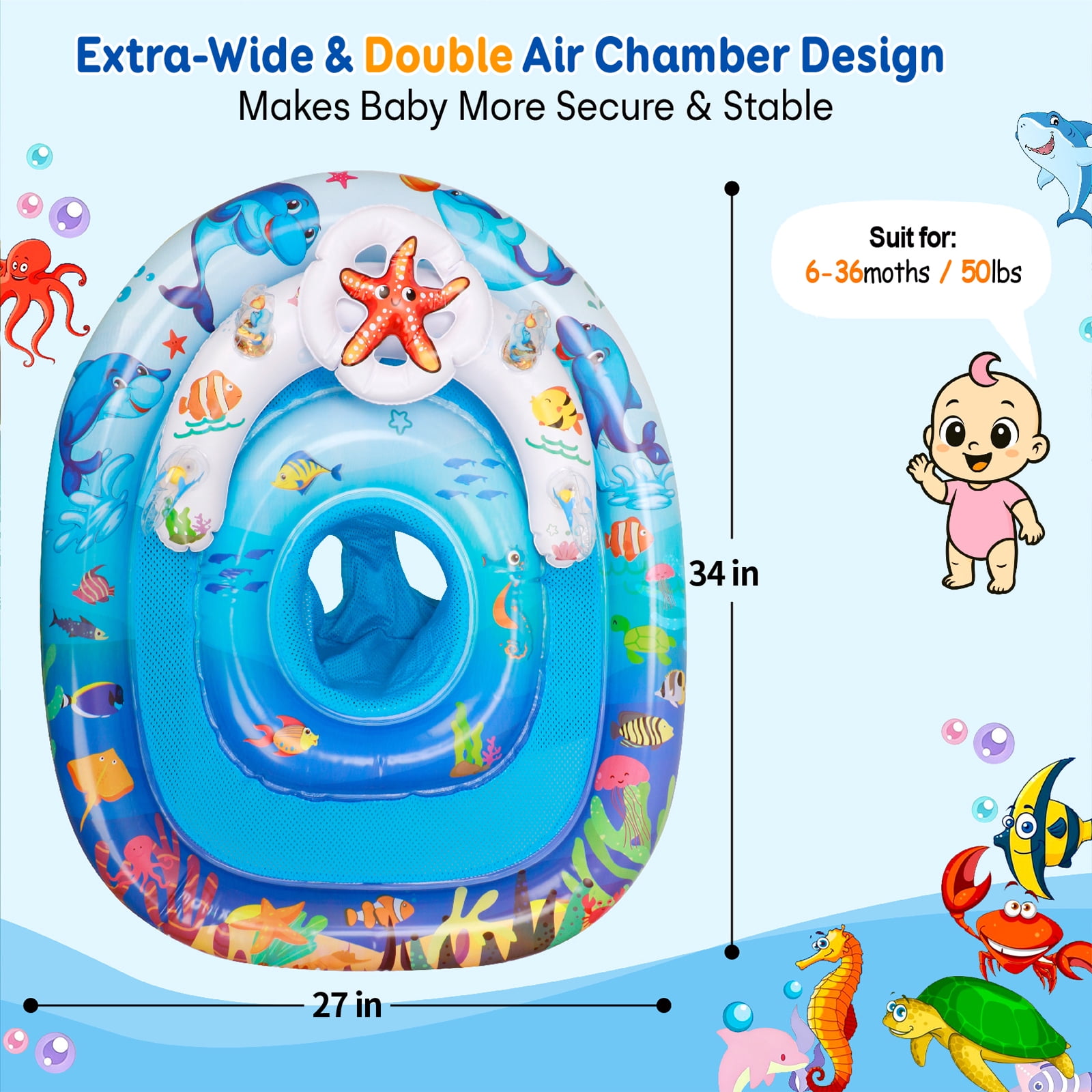 Baby Pool Float with Canopy UPF50+ Sun Canopy, Inflatable Kids Pool Floats, Anti-Flip Double Air Chambers, Infant Swimming Float with Adjustable Safety Seat for 6-36 Months Boys Girls.
