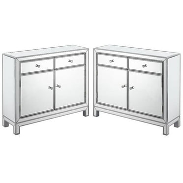 Home Square 2 Door Mirrored Nightstand in Antique Silver - Set of 2
