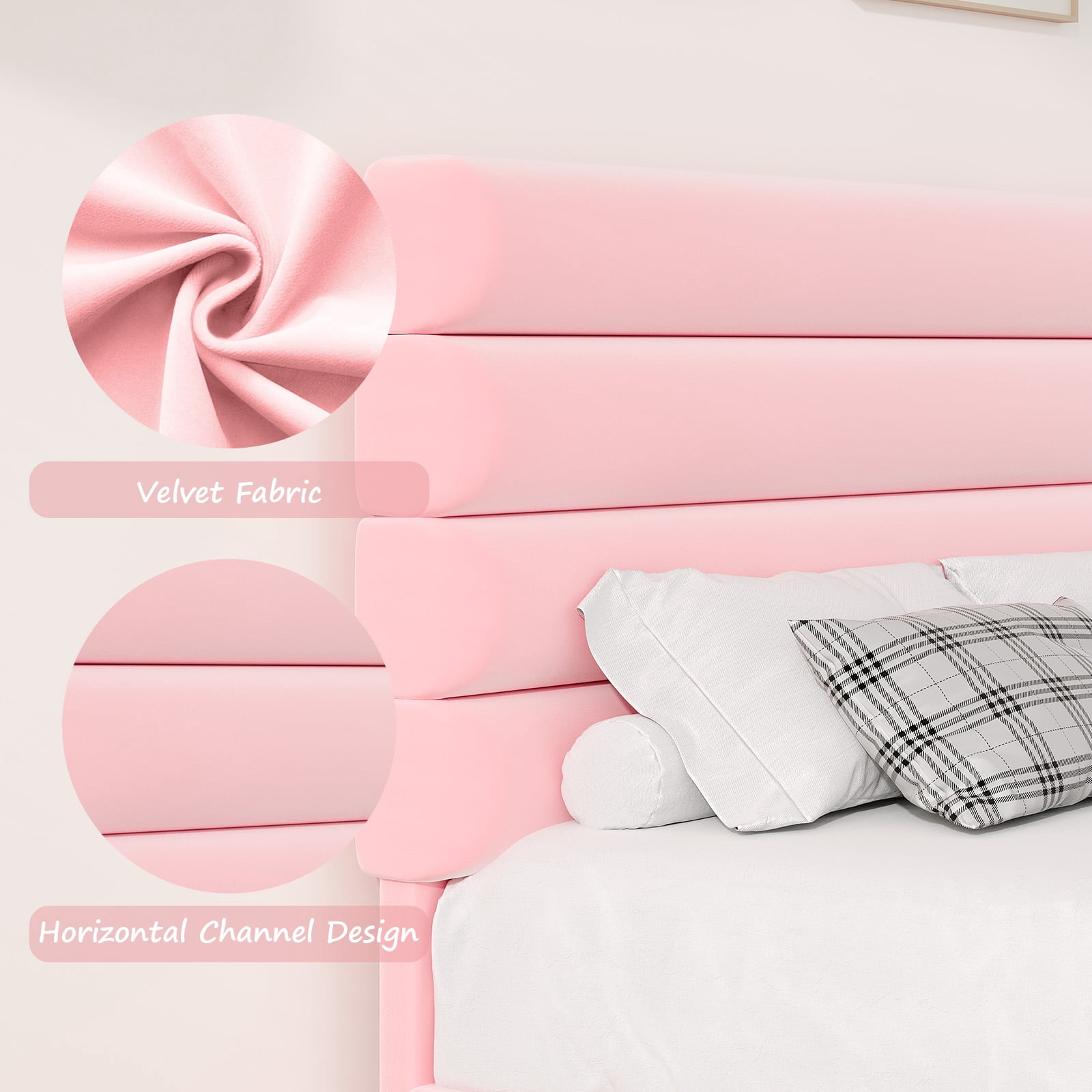 4 EVER WINNER Full Platform Bed with Horizontal Stitched Pink Velvet Headboard, Upholstered Base, Stable Slat Support, Easy Assembly