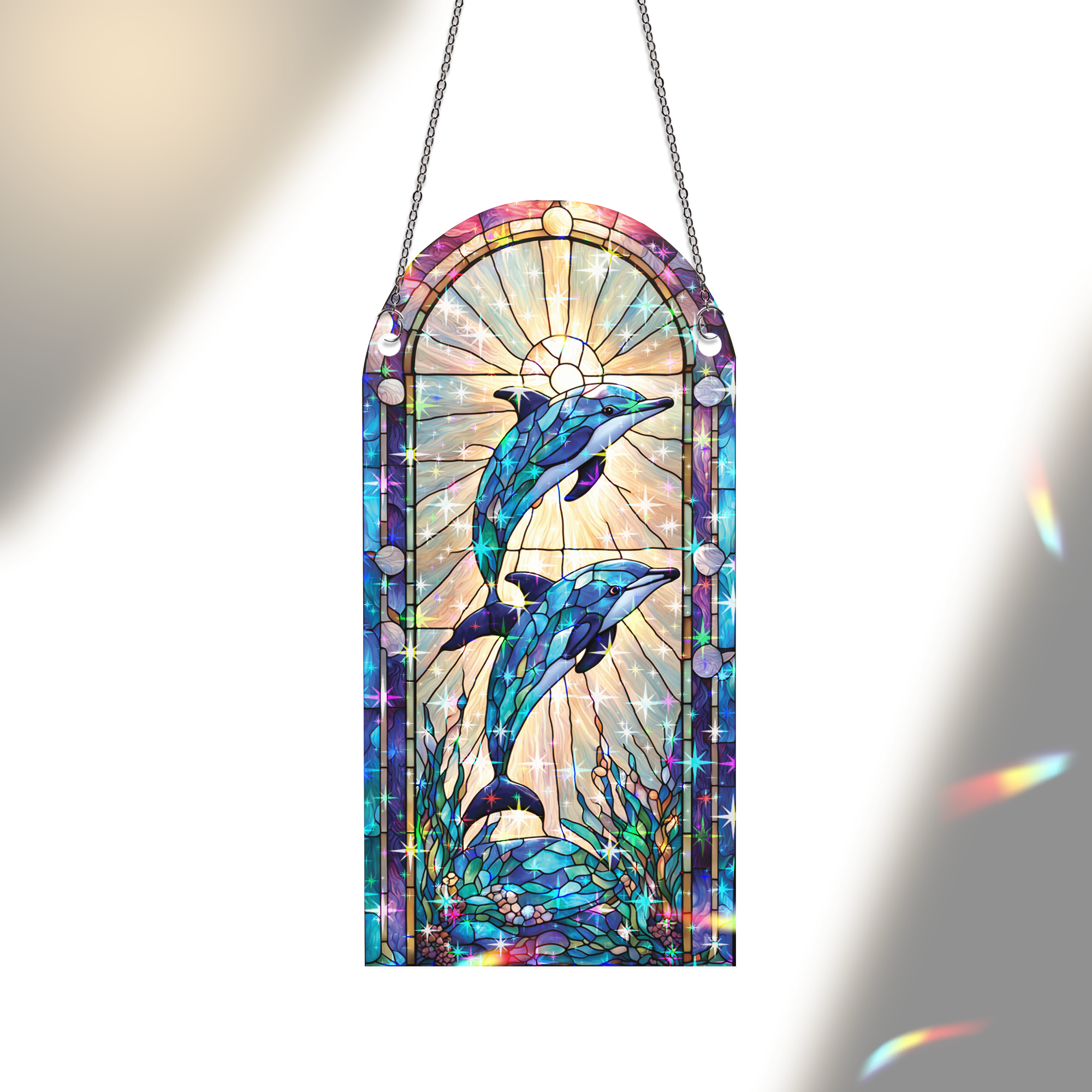 89Bloom Dolphin Stained Glass Hologram Ornament, Stained Glass Suncatcher Ornaments Home Decor, Holographic Ornaments