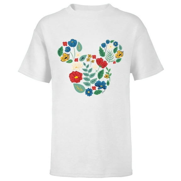 Disney Mickey Mouse Head Shape Icon Flowers Garden Spring - Short Sleeve T-Shirt for Kids - Customized-White