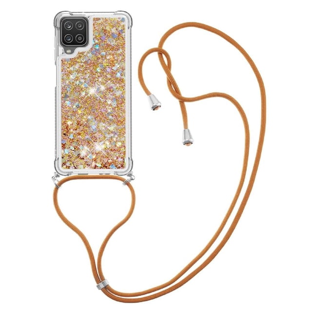 Funda FOXDOCK para Samsung Galaxy A12 con Cuerda Ajustable, Brillo Líquido, Protección Antigolpes y Lente – Ideal para Regalo