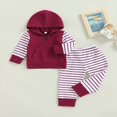 thumbnail image 2 of Toddler Baby Boy Girl Striped Fall Winter Outfits Patchwork Hoodie Pullover Sweatshirt Long Pants Set Wine Red 18-24 Months, 2 of 8