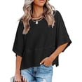 thumbnail image 1 of Camiseta informal de Color puro para mujer, Top de verano con cuello redondo, mangas 3/4 acampanadas, holgadas, 1 of 6