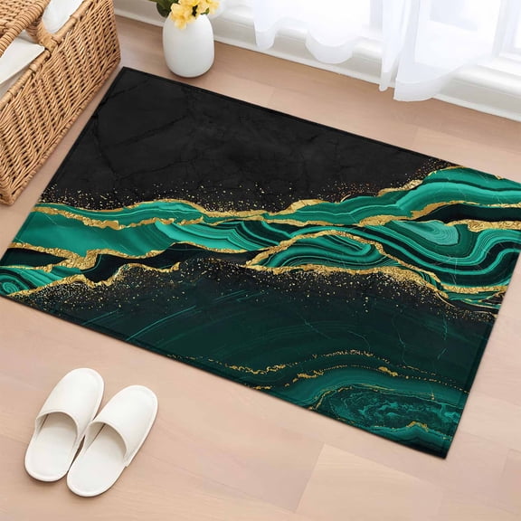 2x3 Ft Entryway Area Rug, Green Marble Kitchen Rug Runner Washable Floor Mat, Gold Abstract Vintage Modern Ombre Art Non Slip Indoor Door Mat Throw Carpet for Bathroom Living Room Bedroom