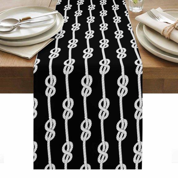 Black Knot Table Runner - 36 Inch Long, Kitchen Dining Table Runner Dresser Scarves, Nautical Striped Monochrome Ocean Farmhouse Decor for Coffee Tables Wedding Party Banquet