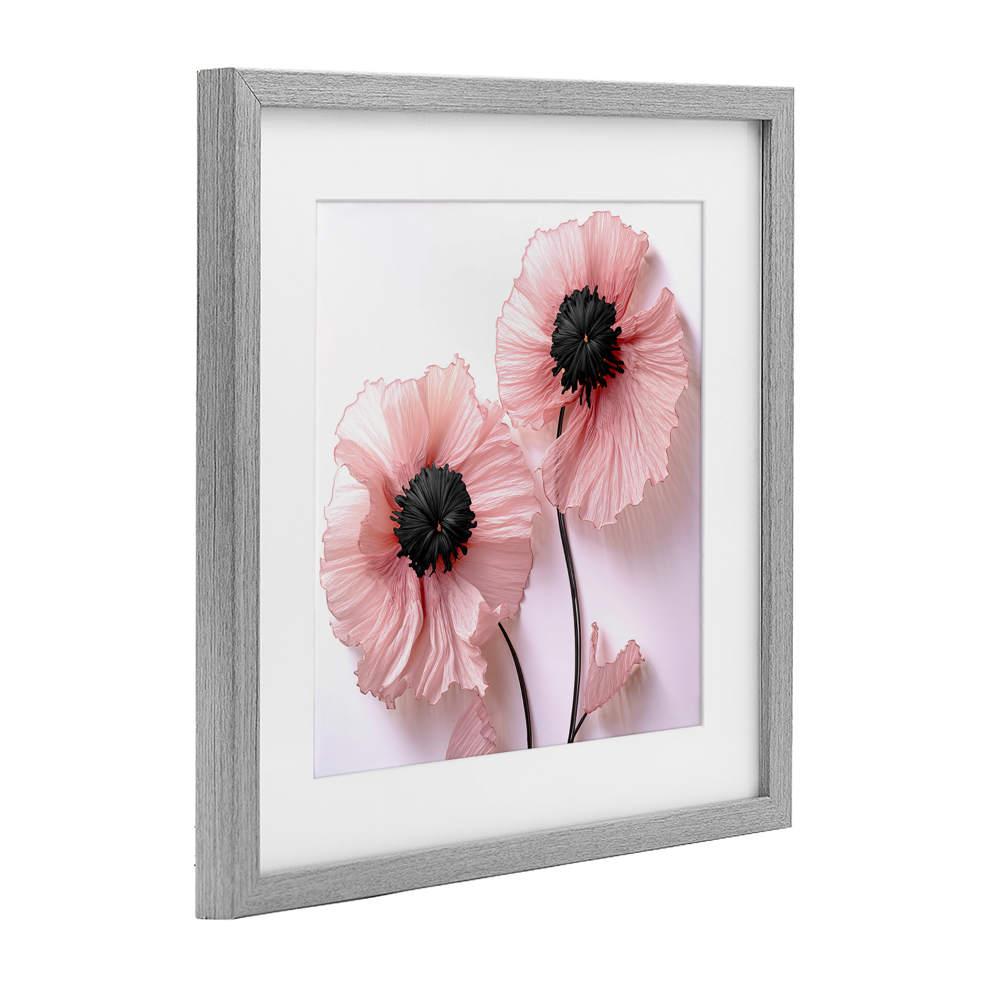Properly Pink Poppies Gray Framed Print Under Glass, design by Sasha