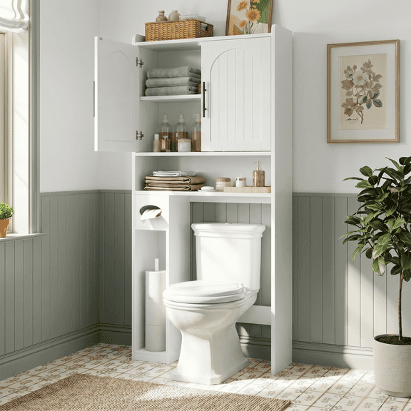 NYBOPAVIS Over The Toilet Storage Cabinet with Adjustable Shelf & Toilet Paper Holder,3-Tier Freestanding Over Toilet Storage Rack,White
