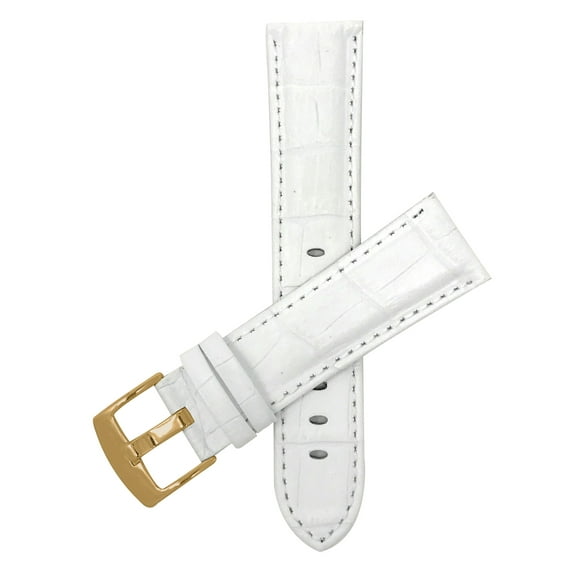 Bandini Extra Long (XL) 22mm Mens Italian Leather Watch Band Strap - White - Alligator Pattern - Gold Buckle