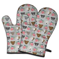 Cute Oven Mitts,Cute Pitbull Terriers Dog and Flower Oven Mitt 2-Pack Set,Kitchen Gloves for Oven,Heat Resistant Oven Mitts 7.7"x12"