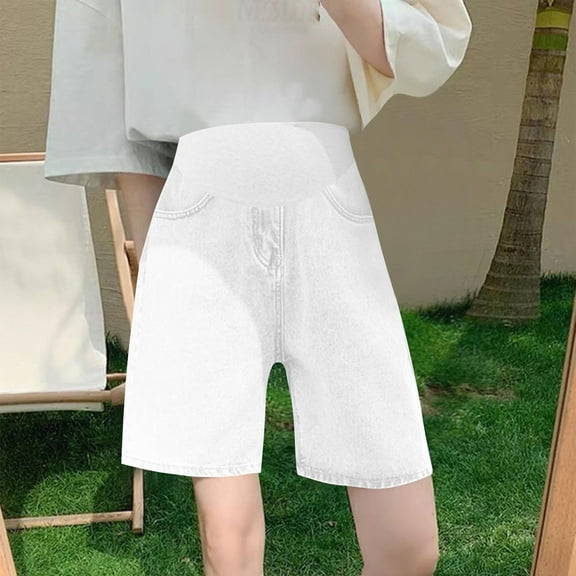 qelini Maternity Shorts Jeans for Women Plus Size Belly Support Pants Solid Color Stretchy Denim Shorts