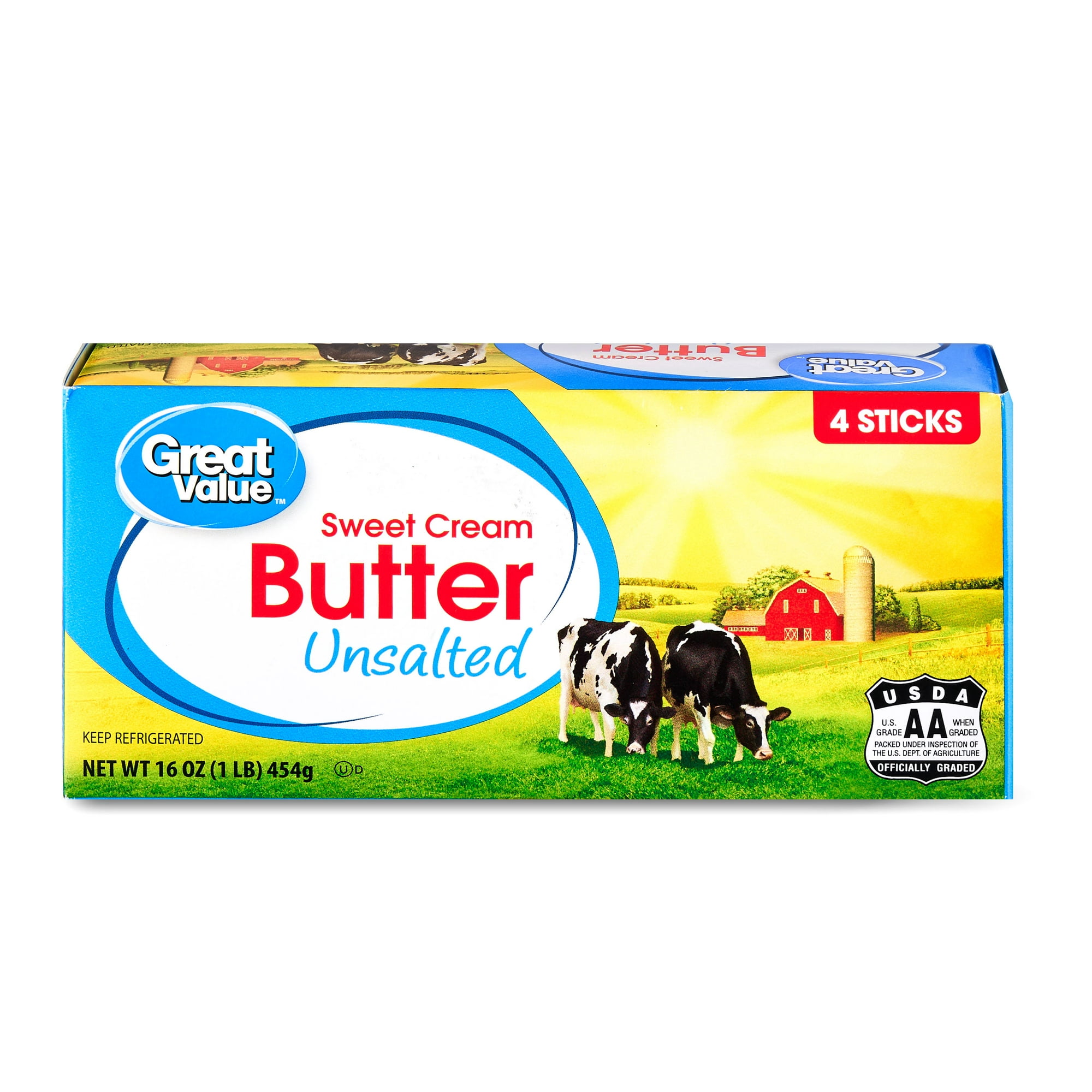 Great Value Sweet Cream Unsalted Butter, Refrigerated, 16 oz Box, 4 Sticks