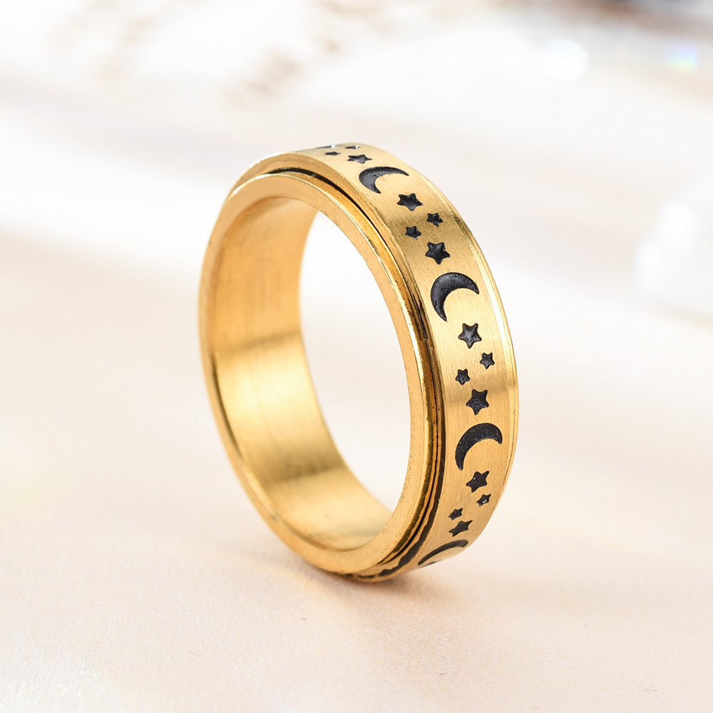Anxiety Fidget Spinner Rings for Men Women Moon Star 14K Yellow Gold Spinning Rotate Ring Punk Cool Anti Stress Jewelry